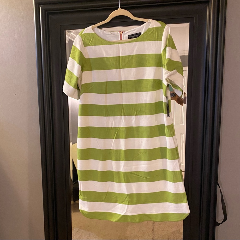 Lime Green Striped dress with deep pink/raspberry pop of color zipper in back